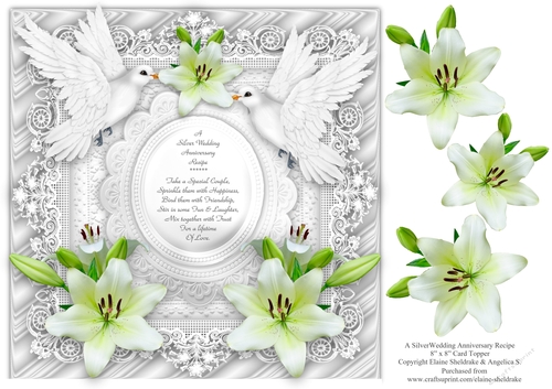 Silver Wedding Anniversary 8 x 8 Card Topper With Decoupage Lilies