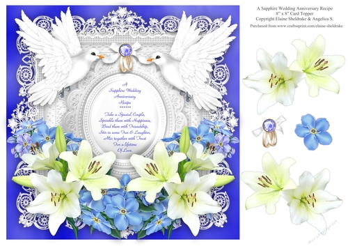 Sapphire Wedding Anniversary 8 x 8 Floral Lily & Forget Me Nots Decoupage Card Topper