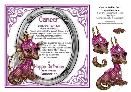 8 x 8 Cancer Zodiac Birthday Gemstone Dragon Card Topper & Decoupage