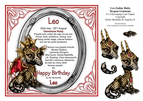 8 x 8 Leo Zodiac Birthday Gemstone Dragon Card Topper & Decoupage