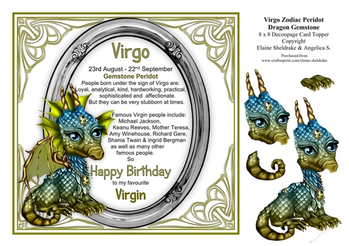 8 x 8 Virgo Zodiac Birthday Gemstone Dragon Decoupage Card Topper