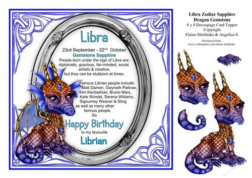 8 x 8 Libra Zodiac Birthday Gemstone Dragon Decoupage Card Topper