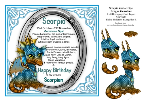 8 x 8 Scorpio Zodiac Birthday Gemstone Dragon Decoupage Card Topper