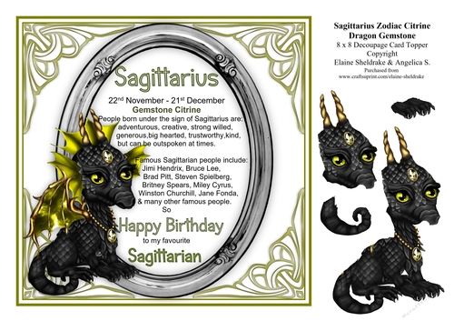 8 x 8 Sagittarius Zodiac Birthday Gemstone Dragon Decoupage Card Topper