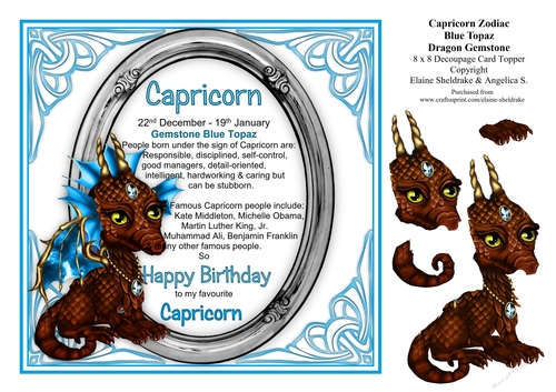 8 x 8 Capricorn Zodiac Birthday Gemstone Dragon Decoupage Card Topper