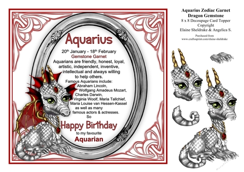 8 x 8 Aquarius Zodiac Birthday Gemstone Dragon Decoupage Card Topper