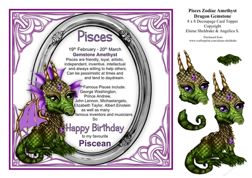 8 x 8 Pisces Zodiac Birthday Gemstone Dragon Decoupage Card Topper