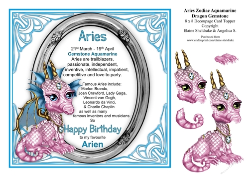 8 x 8 Aries Zodiac Birthday Gemstone Dragon Card Topper & Decoupage