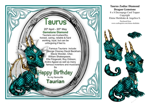 8 x 8 Taurus Zodiac Birthday Gemstone Dragon Card Topper & Decoupage