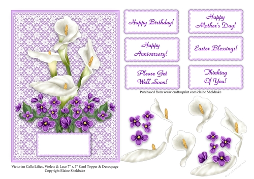 Victorian Calla Lilies, Violets & Lace 7 x 5 Card Topper & Decoupage