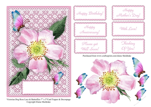 Victorian Dog Rose Butterflies and Lace 7 x 5 Card Topper & Decoupage