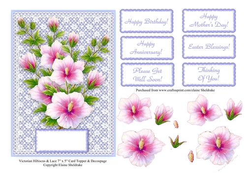 Victorian Hibiscus and Lace 7 x 5 Card Topper & Decoupage