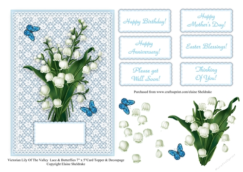 Victorian Lily Of The Valley, Butterflies and Lace 7 x 5 Card Topper & Decoupage