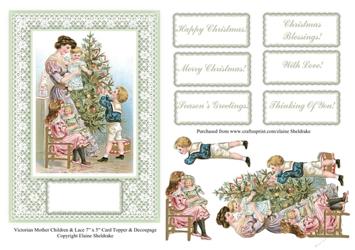 Victorian Mother & Children Decorating Christmas Tree 7 x 5 Card Topper With Decoupage