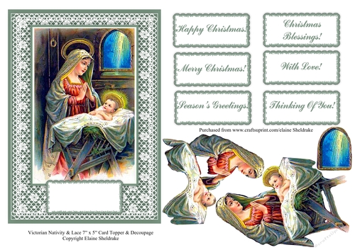 Victorian Style Nativity Scene On Lace 7 x 5 Card Topper With Decoupage & Sentiments