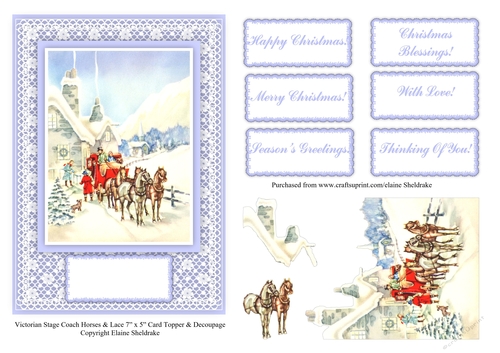 Victorian Stage Coach & Horses On Lace 7 x 5 Card Topper With Decoupage & Sentiments