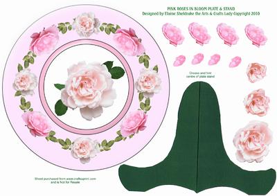 Pink Roses in Bloom Decoupage Plate & Stand
