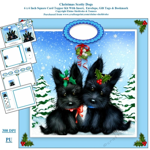 Christmas Scotty Dogs 6 x 6 Card Kit With Insert Envelope Gift Tag & Bookmark