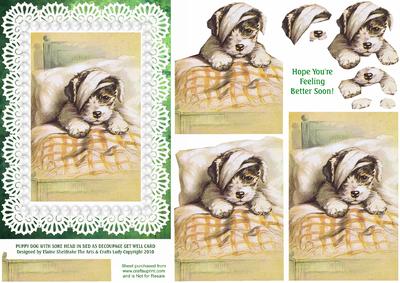 Puppy Dog with Sore Head in Bed A5 Decoupage Get Well Card