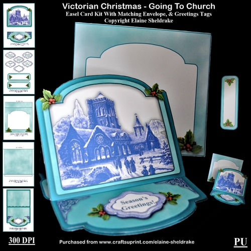 Victorian Christmas Going To Church Easel Card Kit With Matching Envelope & Greetings Tags