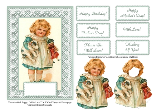 Victorian Girl Puppy Doll & Lace 7 x 5 Card Sheet With Decoupage & Tags