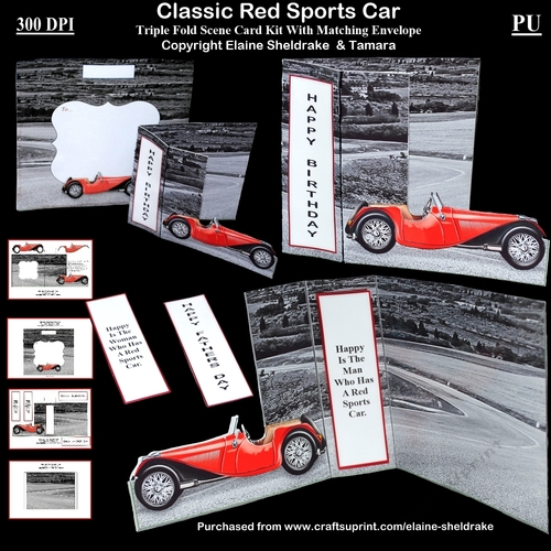 Class Red Sports Car For Male Or Female  A Triple Fold Over The Edge Side Scene Card Kit