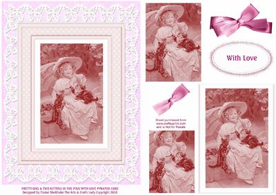 Pretty Girl & Two Kittens in the Pink with Love Pyramid Card
