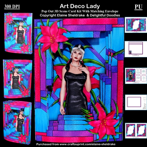 Art Deco Lady 3D Pop Out Concertina Stained Glass Style Box Card Kit & Matching Envelope