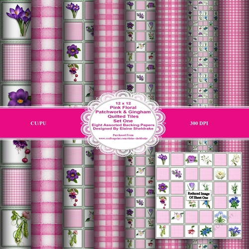 12 x 12 Pink Floral Patchwork & Gingham Quilted Tile Backing Papers Set One