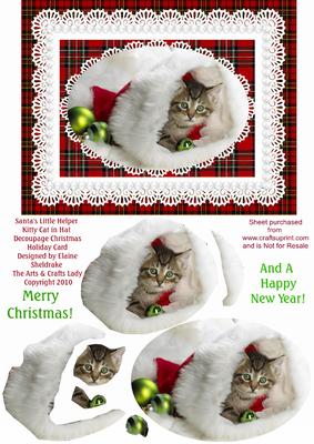 Santa's Little Helper Kitty Cat in Hat Decoupage Card