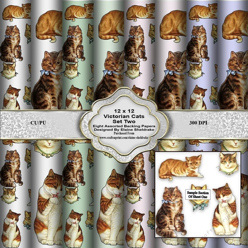 Victorian Cats Set Two 12 x 12  Backing Papers For Card Making Scrapbooking & Papercrafts