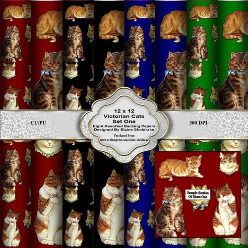 Victorian Cats Set One 12 x 12  Backing Papers For Card Making Scrapbooking & Papercrafts