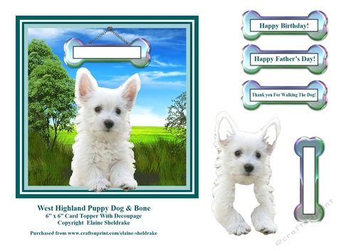 Westie West Highland Puppy Dog & Bone 6 x 6 Card To[[er & Decoupage