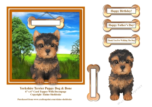 Yorkshire Terrier & Bone 6 x 6 Card Topper With Decoupage