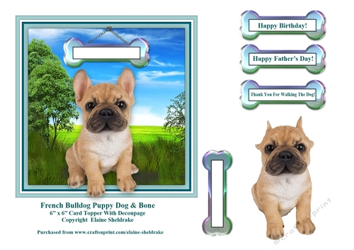 French Bulldog Puppy Dog And Bone 6 x 6 Card Topper With Decoupage