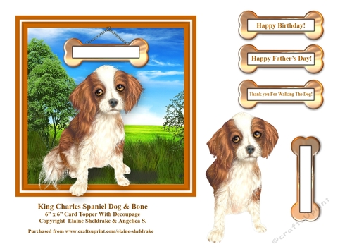 King Charles Spaniel Puppy Dog And Bone 6 x 6 Card Topper With Decoupage