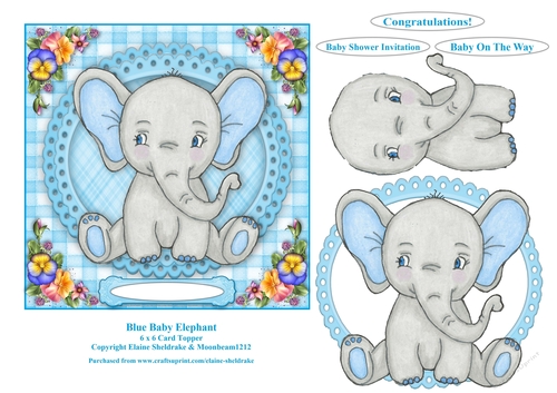 Blue Baby Elephant 6 x 6  Card Topper With Decoupage