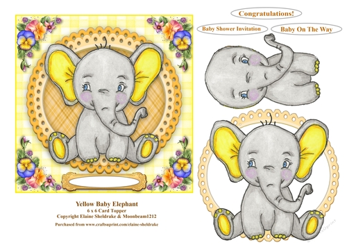 Yellow Baby Elephant 6 x 6  Card Topper With Decoupage