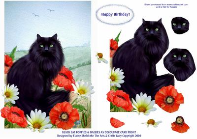 Black Cat Poppies & Daisies A5 Decoupage Card Front