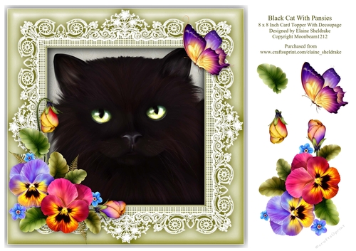 Black Cat Pansies Butterfly 8 x 8 Card Topper With Decoupage