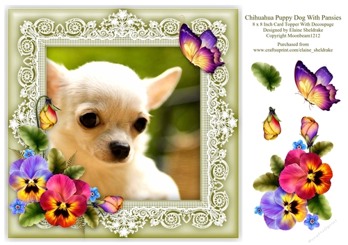 Chihuahua Puppy Dog Pansies Butterfly 8 x 8 Card Topper With Decoupage