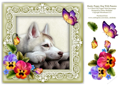 Husky Dog Pansies Butterfly 8 x 8 Card Topper With Decoupage