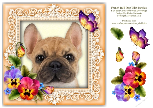 French Bull Dog Pansies Butterfly 8 x 8 Card Topper & Decoupage