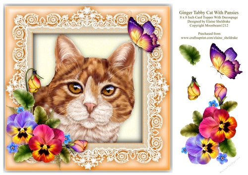 Ginger Tabby Cat Pansies Butterfly 8 x 8 Card Topper & Decoupage