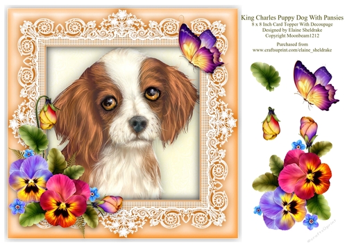 King Charles Spaniel Pansies Butterfly 8 x 8 Card Topper & Decoupage