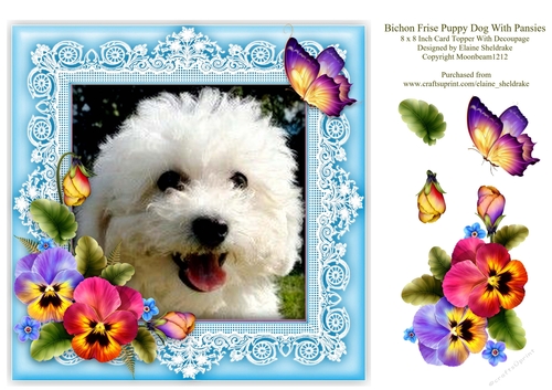 Bichon Frise  Puppy Dog & Pansies 8 x 8 Card Topper With Decoupage
