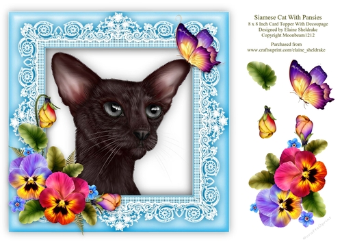 Siamese Cat & Pansies 8 x 8 Card Topper With Decoupage