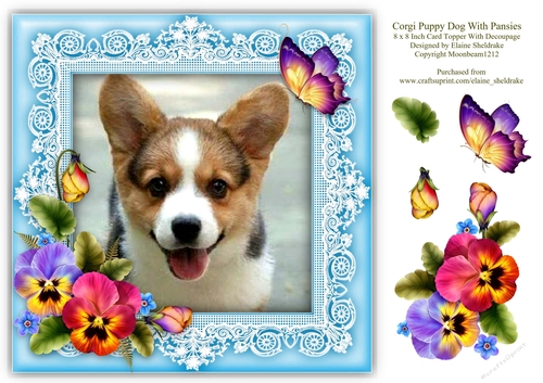 Corgi Puppy Dog & Pansies 8 x 8 Card Topper With Decoupage