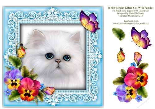 White Persian Kitten Cat & Pansies 8 x 8 Card Topper With Decoupage