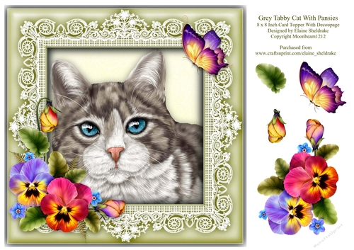 Solver Grey Tabby Cat 8 x 8 Card Topper With Pansy Decoupage